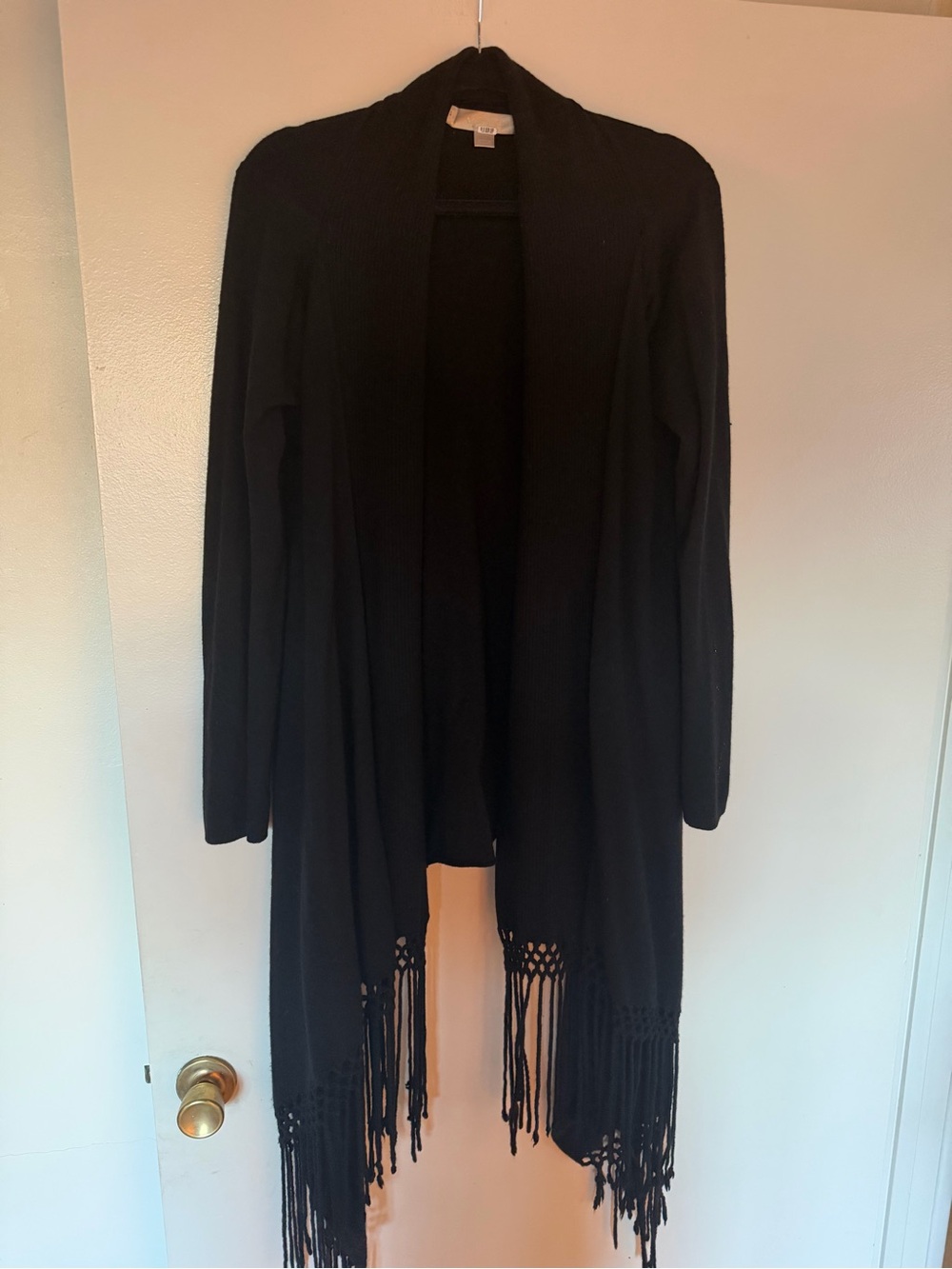 Nordstrom Cashmere Black Open-Front Fringe Cardigan